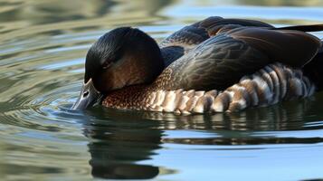Beautiful male duck swimming gently in calm waters reflecting a serene background photo