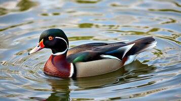 Wood duck swimming gracefully in a tranquil pond surrounded by ripples during a sunny afternoon photo