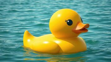 Bright yellow rubber ducky floats on calm water under a sunny sky in a playful summer scene photo