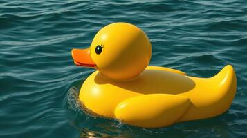 Bright yellow rubber duck floating on calm water in a sunny outdoor setting photo