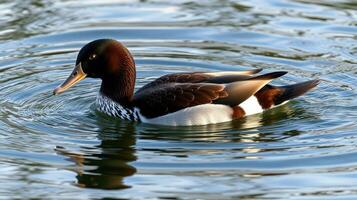 Duck swimming serenely on a tranquil lake with rippling water at sunset photo