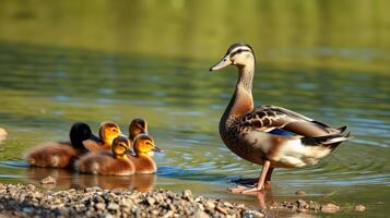 Mother duck with her ducklings by the serene riverbank during a sunny day photo