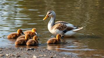 Mother duck swimming with five ducklings in calm water during a sunny afternoon photo