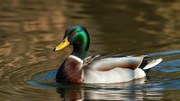 Colorful male mallard duck swimming in a serene pond reflecting warm sunlight photo