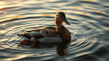 Duck swimming gracefully in a shimmering lake during golden hour in a tranquil natural setting photo