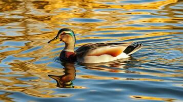 Colorful duck swimming gracefully in shimmering water during sunset photo