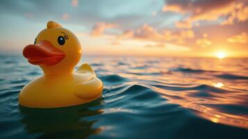 Floating rubber duck drifts peacefully in gentle waves during sunset at the beach photo
