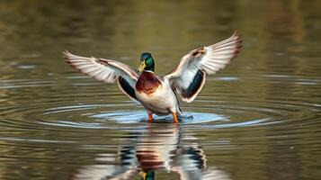 Colorful mallard duck spreads wings in serene pond at sunrise photo