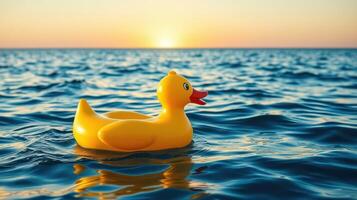 Floating rubber duck glides across tranquil ocean waters during sunset photo
