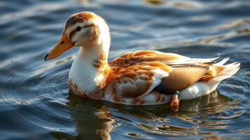 Colorful duck swimming gracefully in a tranquil pond during bright daylight photo