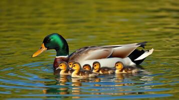 Duck with ducklings swimming together in a serene pond during a sunny day photo