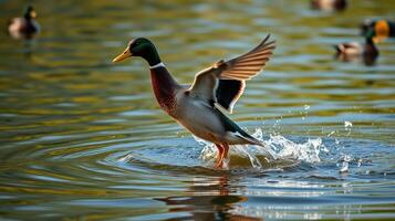 Mallard duck takes flight from calm water at sunset in a serene natural setting photo