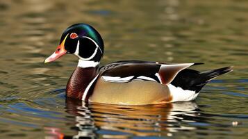 Beautiful wood duck swimming gracefully on a serene pond in natural surroundings during midday photo