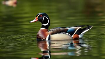Colorful wood duck swimming gracefully in a serene pond surrounded by lush greenery photo