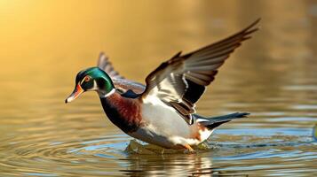 Colorful mallard duck flapping wings on tranquil water during golden hour photo