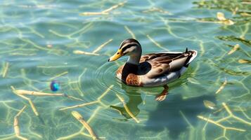 Mallard duck swimming in clear water surrounded by sticks on a sunny day at the park photo