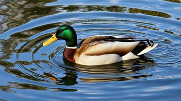 Colorful mallard duck swims gracefully in tranquil water surrounded by ripples and reflections photo
