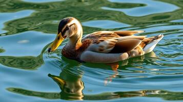 Duck glides gracefully across the calm lake waters during a sunny afternoon in a serene natural setting photo