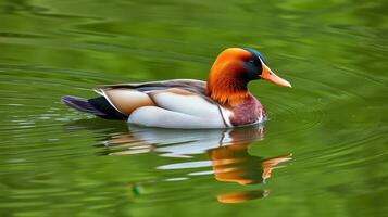 Vibrant male mandarin duck swimming gracefully in a tranquil pond during a sunny afternoon photo
