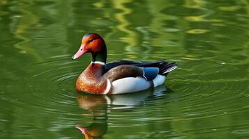 Elegant male duck swimming peacefully in tranquil green waters during a sunny day photo