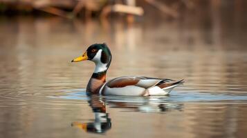 Mallard duck swimming gracefully in tranquil water at sunset near marshland habitat photo