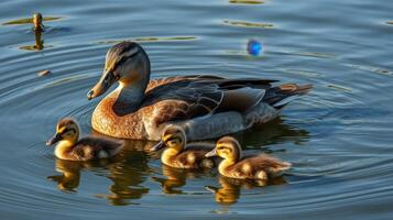 Mother duck swims with her ducklings in a serene pond during a sunny afternoon photo