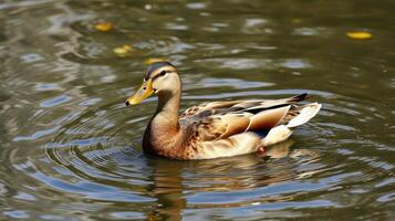 Mallard duck swimming gracefully in a serene pond surrounded by autumn leaves during a sunny afternoon photo