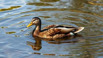 Duck swims gracefully in a serene pond surrounded by nature in the late afternoon light photo
