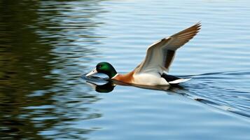 Mallard duck gliding smoothly across a tranquil lake with rippling water reflections during a sunny day photo
