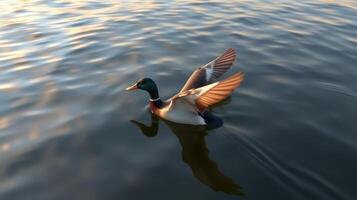 Mallard duck gliding across tranquil water at sunset with wings partially extended in a serene landscape photo