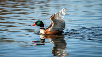 Vibrant male duck flapping wings on tranquil water surface during sunny afternoon photo
