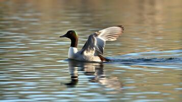 Duck spreads its wings while swimming in a calm lake during the early morning light photo