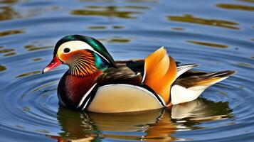 Beautiful mandarin duck swimming in a shimmering pond surrounded by gentle ripples under warm sunlight photo