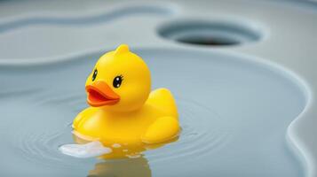 Floating yellow rubber duck in calm water highlights playful moments during a sunny afternoon photo