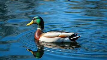 Colorful mallard duck swims gracefully in a serene pond surrounded by clear water photo