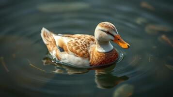 Colorful duck swims gracefully in calm water reflecting its vibrant plumage photo