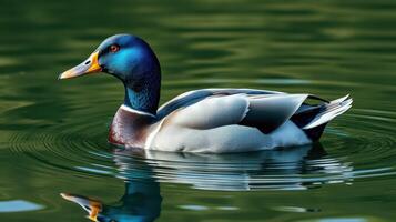Colorful mallard duck gliding on calm water with reflections in a serene natural setting photo