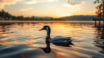 Duck swimming peacefully on a serene lake during a vibrant sunset in the countryside photo