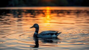 Duck swims gracefully on a serene lake at sunset with ripples reflecting warm colors in the water photo