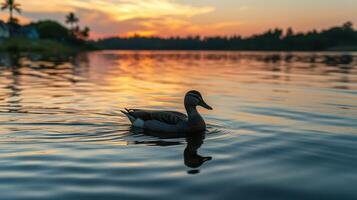 Duck swimming calmly in a serene lake at sunset with vibrant colors reflecting on the water photo