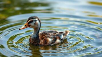 Duck glides gracefully on a calm pond surrounded by lush greenery in the afternoon sun photo