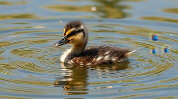 Charming duckling swims quietly in a serene pond surrounded by rippling water and natural beauty photo