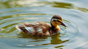 Duckling swims gracefully on a serene pond during a sunny afternoon photo