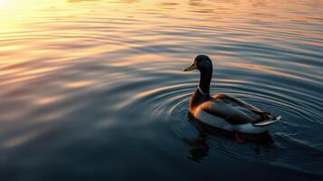 Duck swimming in tranquil water at sunset creating gentle ripples and reflections photo