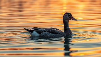 Duck glides gracefully on water during sunset, reflecting warm hues and creating a serene atmosphere photo