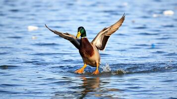 Duck landing on water with wings spread at a serene lakeside in the early morning light photo