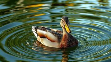 Mallard duck swimming in calm water with ripples reflecting sunlight in a serene natural setting photo