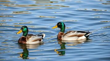 Ducks swimming in a serene lake under bright sunlight photo