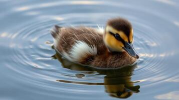 Duckling swims gracefully in calm water reflecting a serene environment during a sunny day photo