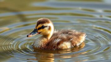 Young duckling swims gracefully in a tranquil pond during a sunny afternoon in the countryside photo